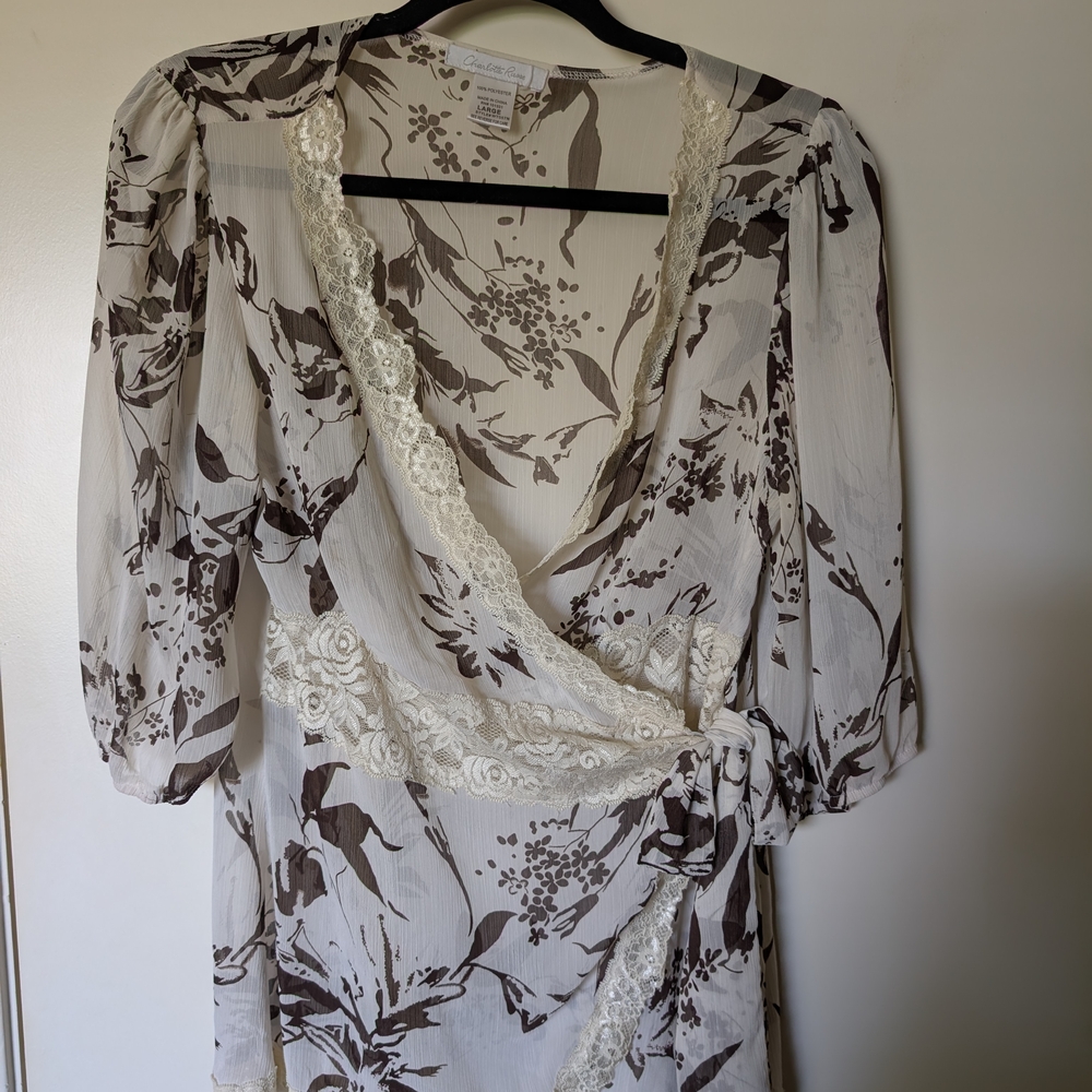 Charlotte Russe Floral Wrap Blouse - Brown and Cream